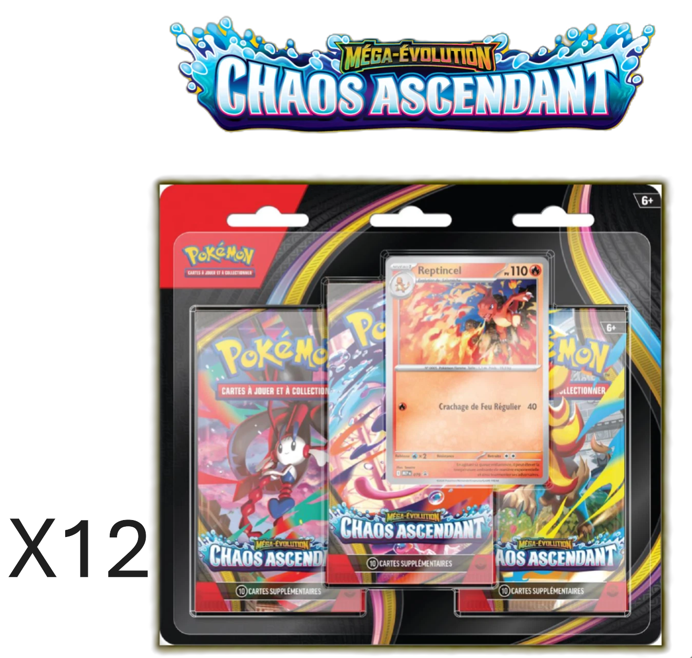 Case 12 x Tripack Pokémon ME04 Chaos Ascendant Neuf scellé FR Précommande me4