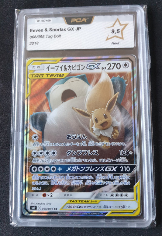 PCA 9,5 Japanese Pokemon - Eevee & Snorlax GX - sm9 Tag Bolt - 066/095 RR