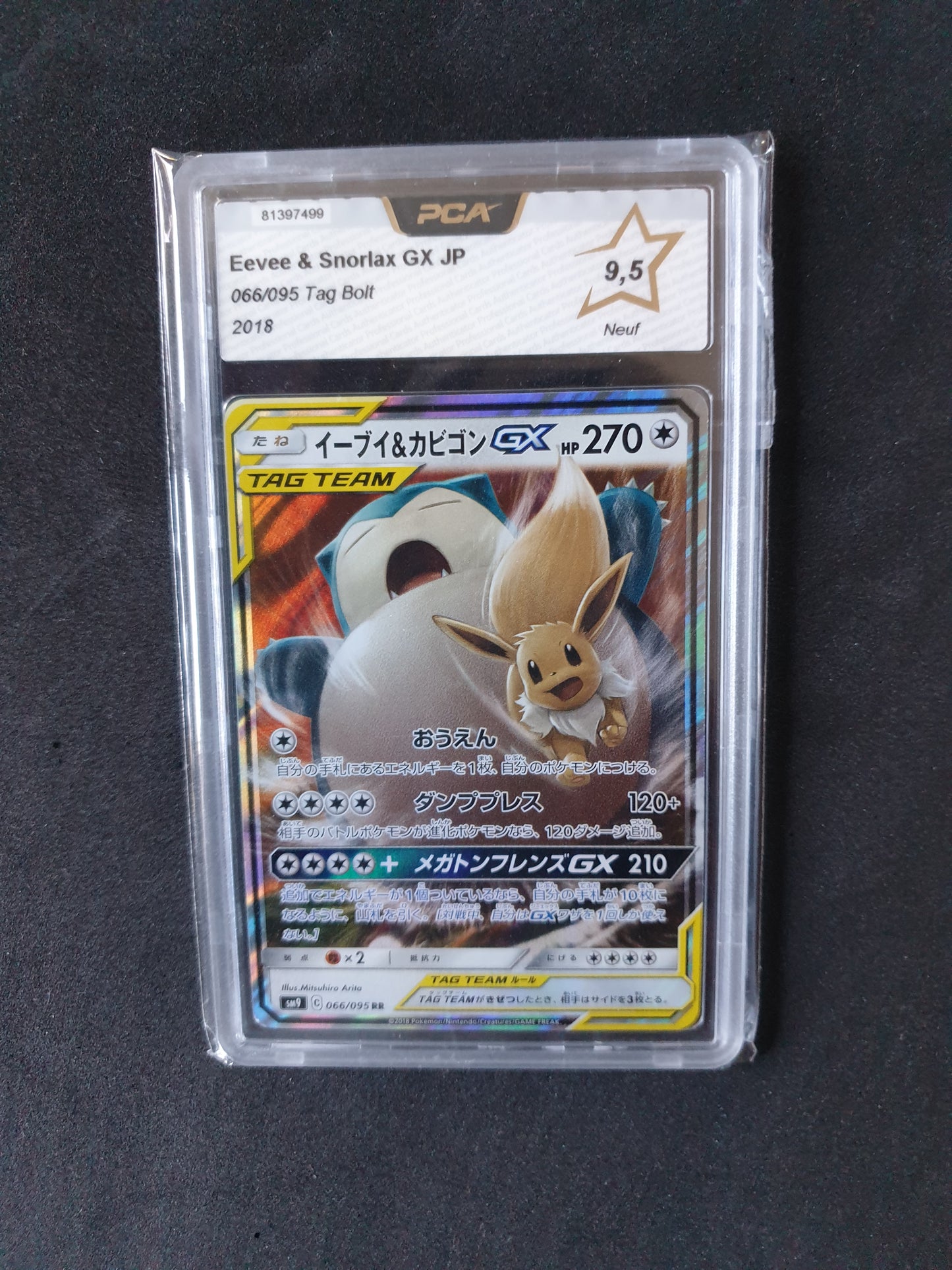 PCA 9,5 Japanese Pokemon - Eevee & Snorlax GX - sm9 Tag Bolt - 066/095 RR