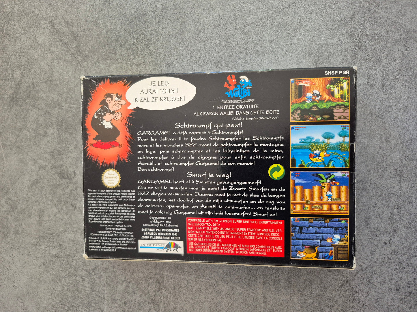 Jeux Super Nintendo Snes Les Schtroumpfs The Smurfen complet En Boîte FAH