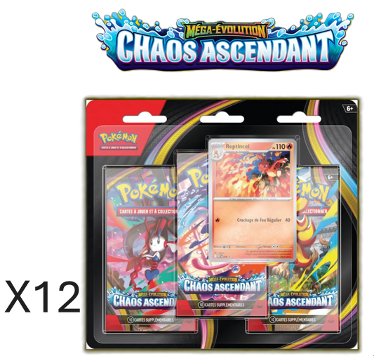 Case 12 x Tripack Pokémon ME04 Chaos Ascendant Neuf scellé FR Précommande me4
